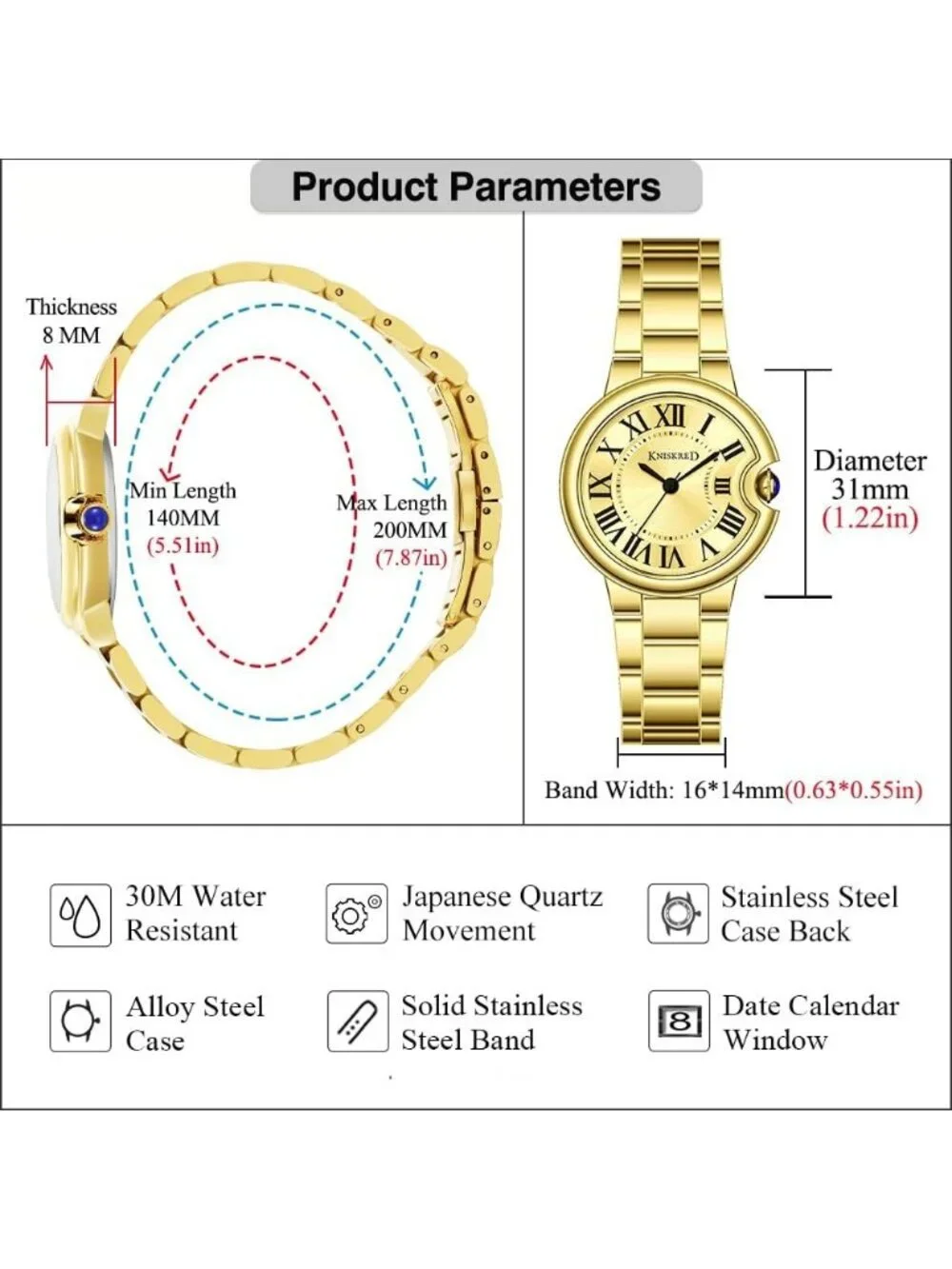 Women's Gold Roman Numerals Classic Solid Vintage  Stainless Steel Band Watch